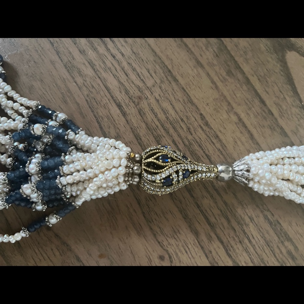 Moroccan style pearl necklace with semi-precious sapphire stones